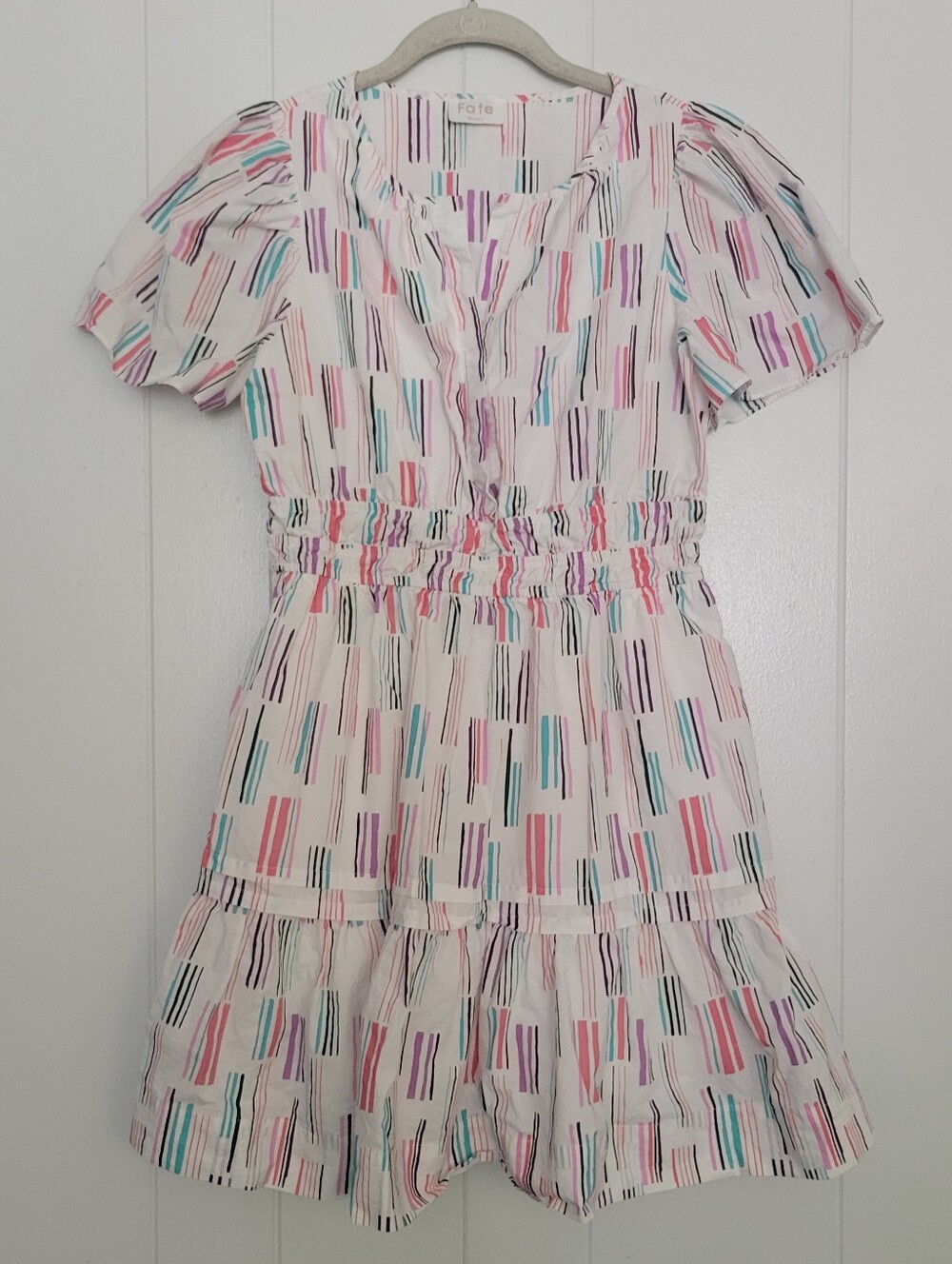 Fate Geo Print Mini Dress Multi Color Cotton Tiered Smocked Waist Coastal SM